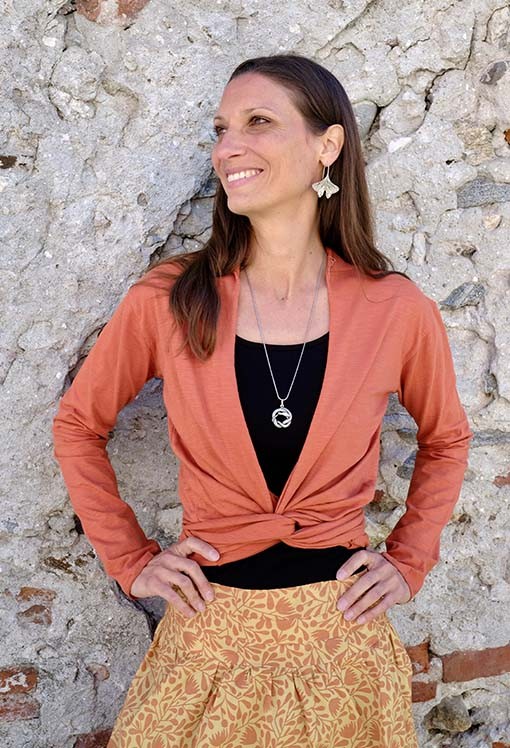cardigan wrap cotone bambù arancio fronte dettaglio